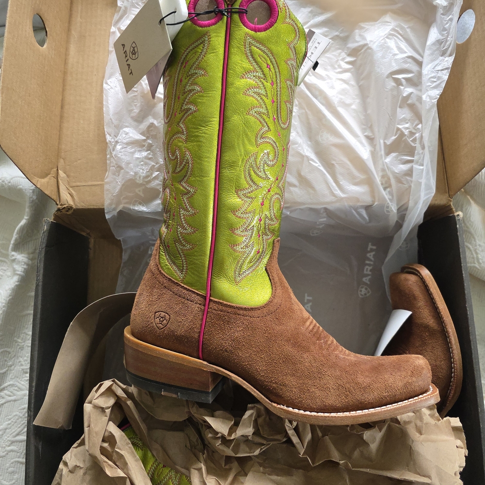 Ariat Brown and Green Heeled Boots with Western Flair